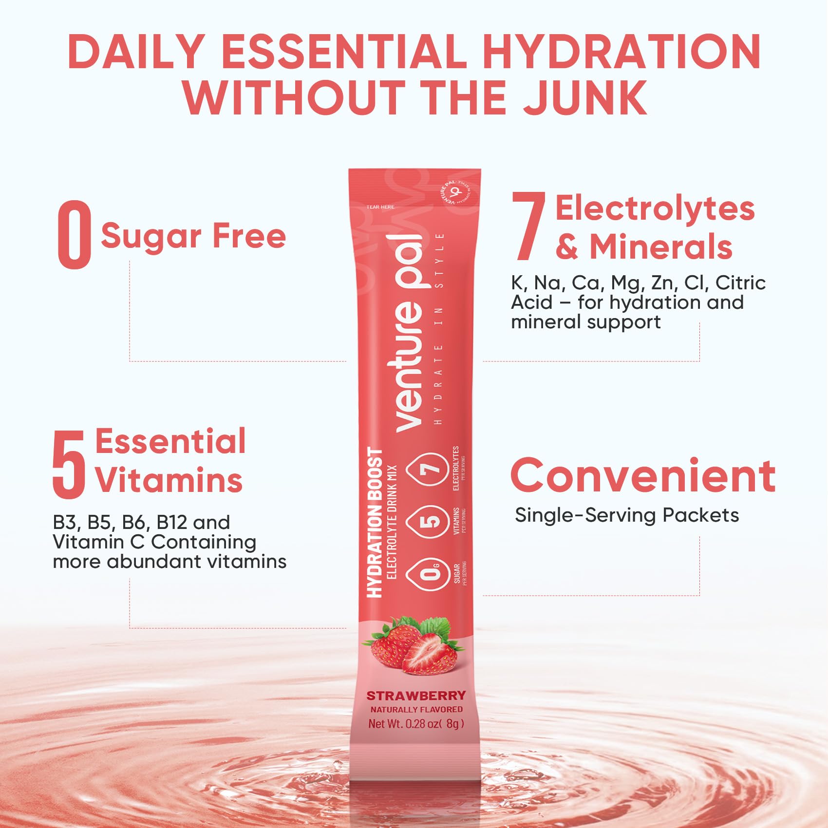 Venture Pal Sugar Free Electrolyte Powder, Liquid Daily IV Hydration Packet | 7 Electrolytes & 5 Vitamins, Electrolytes Dink Mix for Party Recovery & Instantly Hydration, Vegan, Keto-Friendly, 16 Sticks