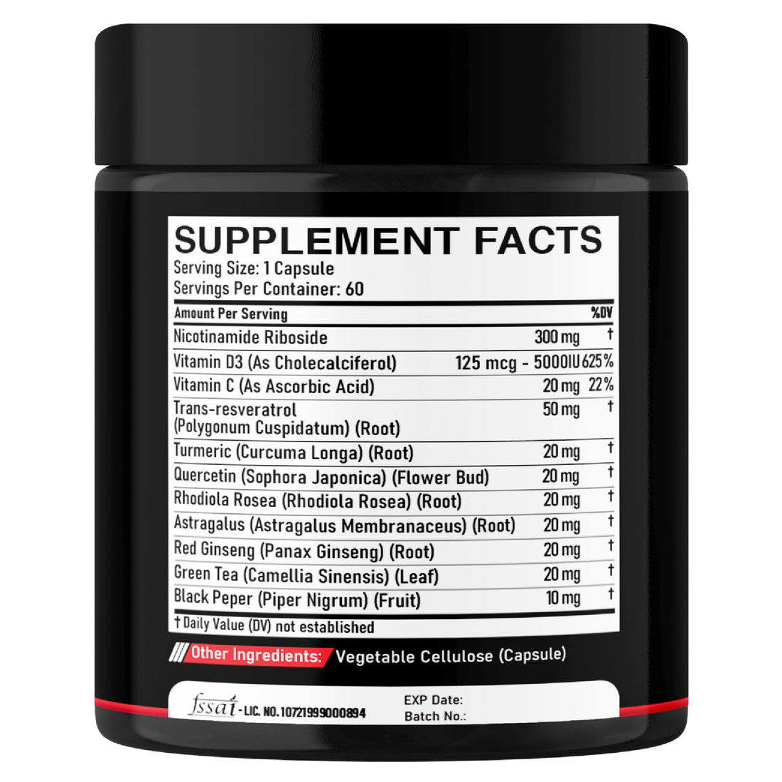Black supplement jar with colorful label featuring ingredients and branding