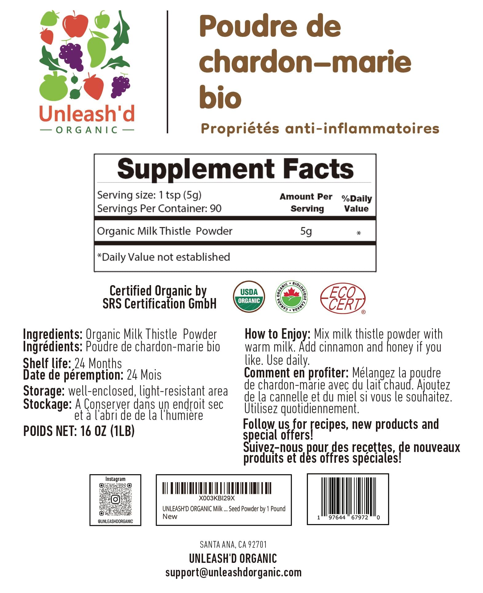 Unleash’d Organic Milk Thistle Powder 16oz – 100% Pure, Rich in Silymarin & Antioxidants, Supports Liver and Immune Health