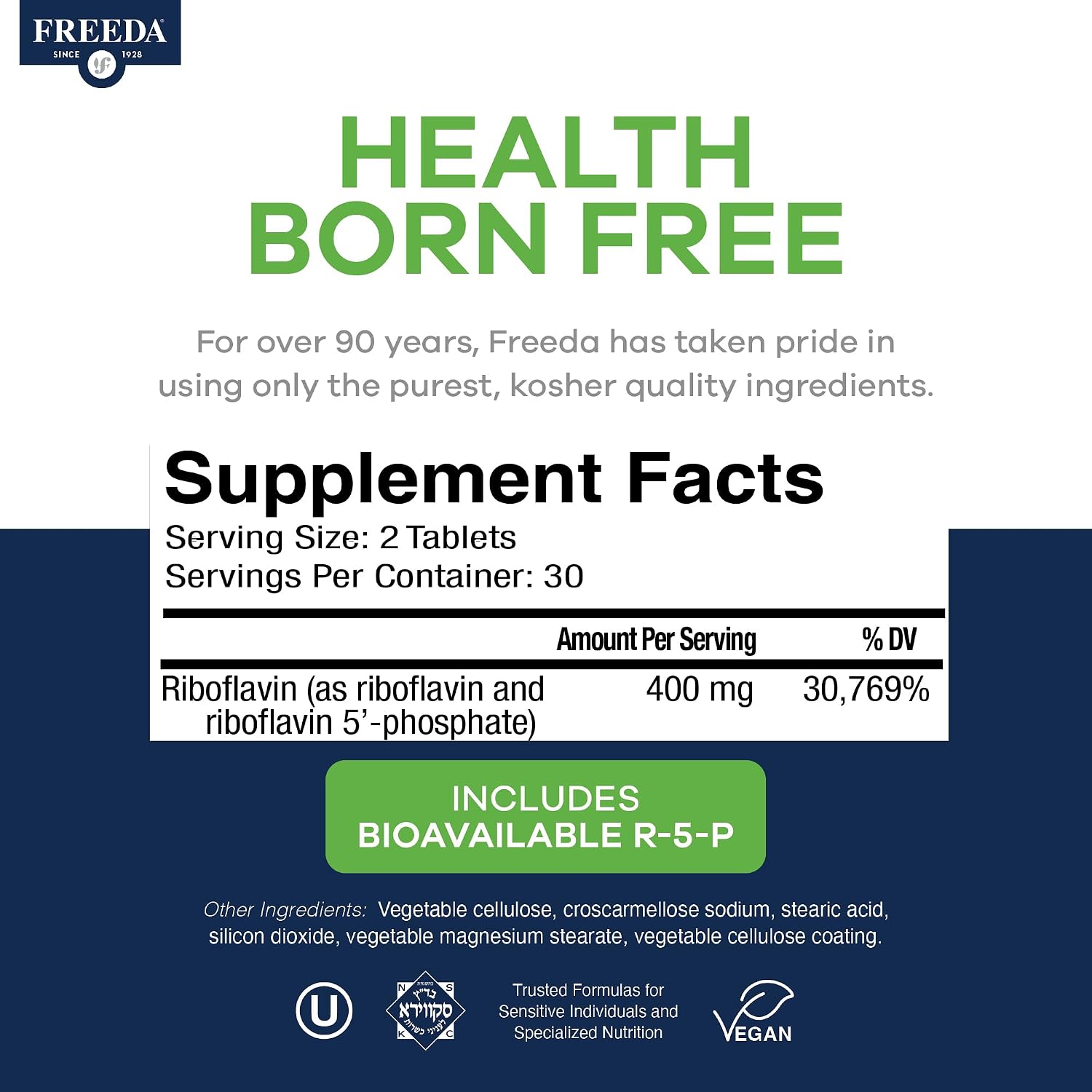 FREEDA Vitamin B2 400mg Riboflavin Supplement - 60 Vegan Tablets | High-Potency B2 Vitamin with Riboflavin-5-Phosphate to Support Energy, Metabolism, & Nervous System Health