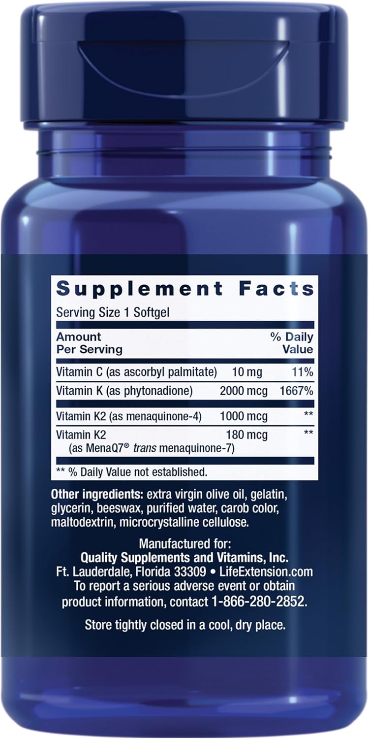 Life Extension Super K, Vitamin K Supplement, 2000 Mcg Vitamin K and 1180 Mcg Vitamin K2, Heart Health, Once-Daily, 90 Softgels | Vitamin K1, K2 MK-7 & K2 MK-4 for Heart & Arterial Health and Calcium Balance; 3-Month Supply, 1 Daily, Gluten-Free & Non-GMO