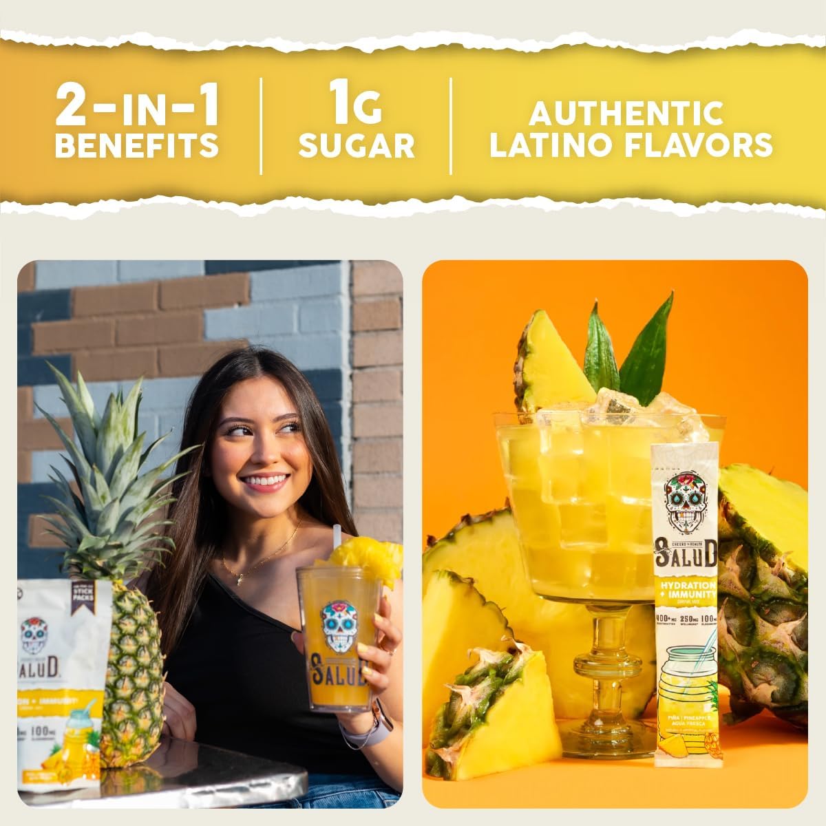 Salud 2-Pack | 2-in-1 Hydration + Immunity (Horchata) & Hydration + Immunity (Pineapple) – 15 Servings Each, Agua Fresca Drink Mix, Non-GMO, Gluten Free, Vegan, Low Calorie, 1g of Sugar