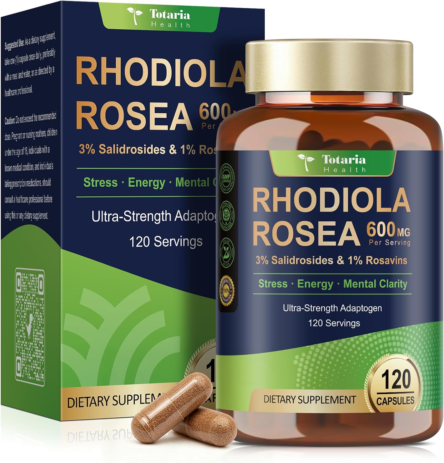 Totaria Rhodiola Rosea Supplement 600mg, 4 Month Supply, 3% Salidrosides 1% Rosavins, Vegan Golden Root Adaptogen Capsules, Rhodiola Rosea Extract Powder, for Stress, Mental Focus, Energy, 120 Counts