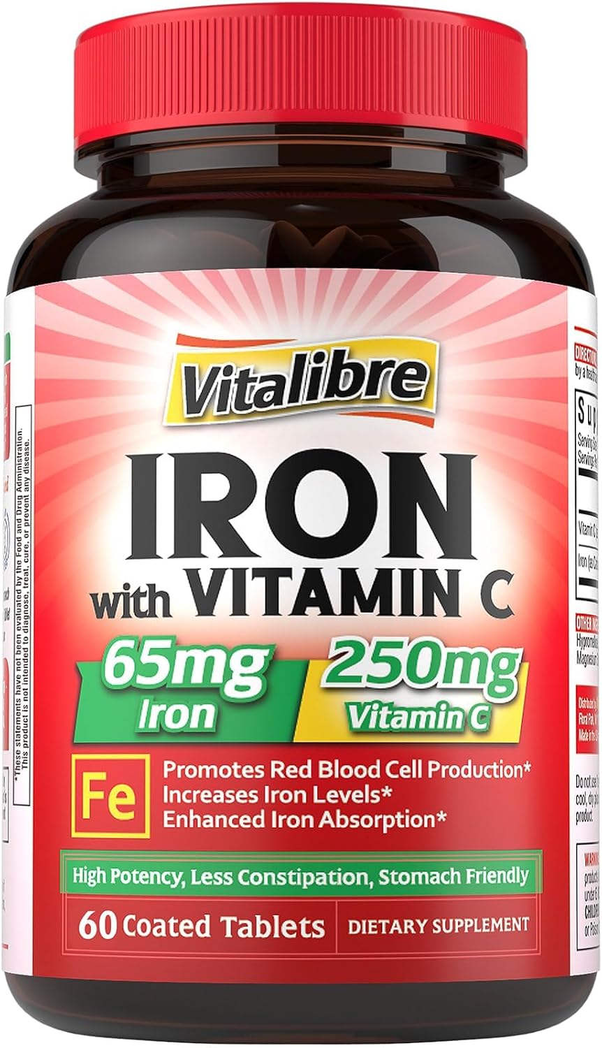 Iron Supplement, 65mg Carbonyl Iron with 250mg Vitamin C, Stomach Friendly | Iron Pills for Blood Building Women & Men, High Absorption, No Nausea, No Constipation, Non-GMO, No Gluten, 60 Vegan Tabs
