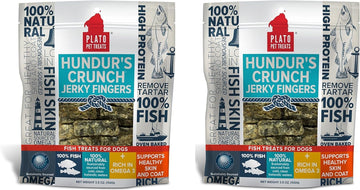 PLATO Pet Treats Fish Dog Treats - Air-Dried, Single Ingredient Dog Treat - with Omega 3 & 6 Fatty Acids to Support Skin and Coat - Cod Fish Skin - Hundur’s Crunch Jerky Mini - 10 oz - 2 Pack