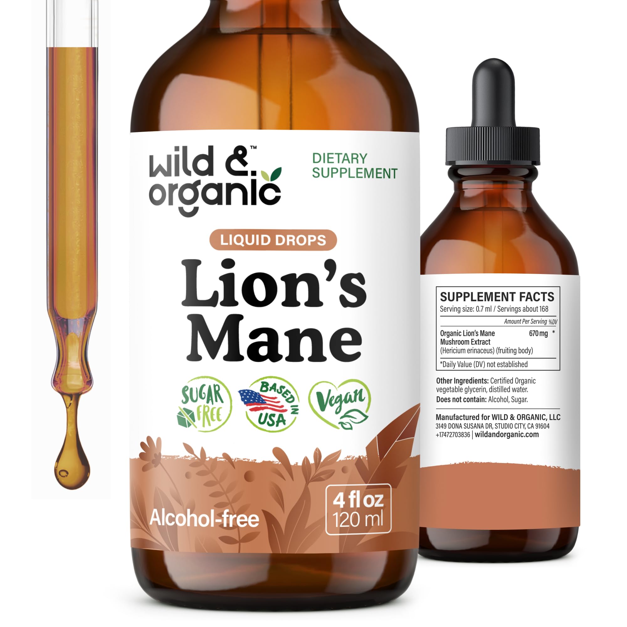 Wild & Organic Lions Mane Liquid Drops - Brain & Focus Support - Lion's Mane Mushroom Supplement - Hericium Erinaceus Mushroom Drops - Mix with Powder - Sugar & Alcohol-Free Extract Tincture - 4 oz