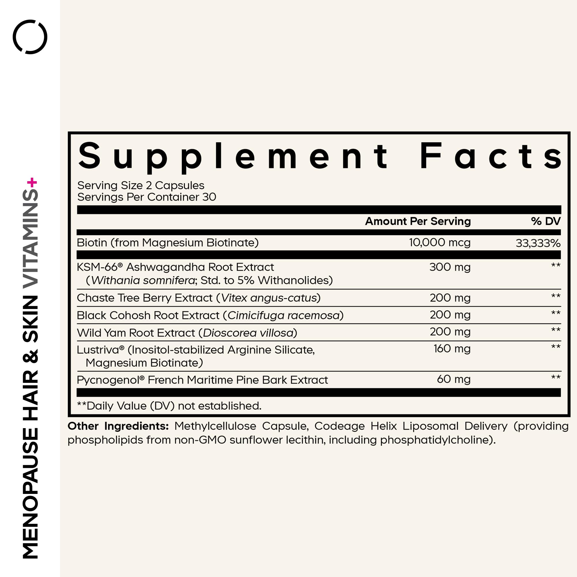 Codeage Menopause Hair & Skin Vitamins+ - Patented Lustriva, Pycnogenol, KSM-66 Ashwagandha - Hair Density Skin Perimenopause Support - Menopause Supplement - 10,000 Mcg Biotin, Wild Yam - 60 Capsules CodeageBuy Supplements Australia