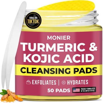 Turmeric Kojic Acid Cleansing Pads for Face Dark Spots - Hydrates & Plumps | With Vitamin C & E, Sensitive Skin Friendly (50 Pads)