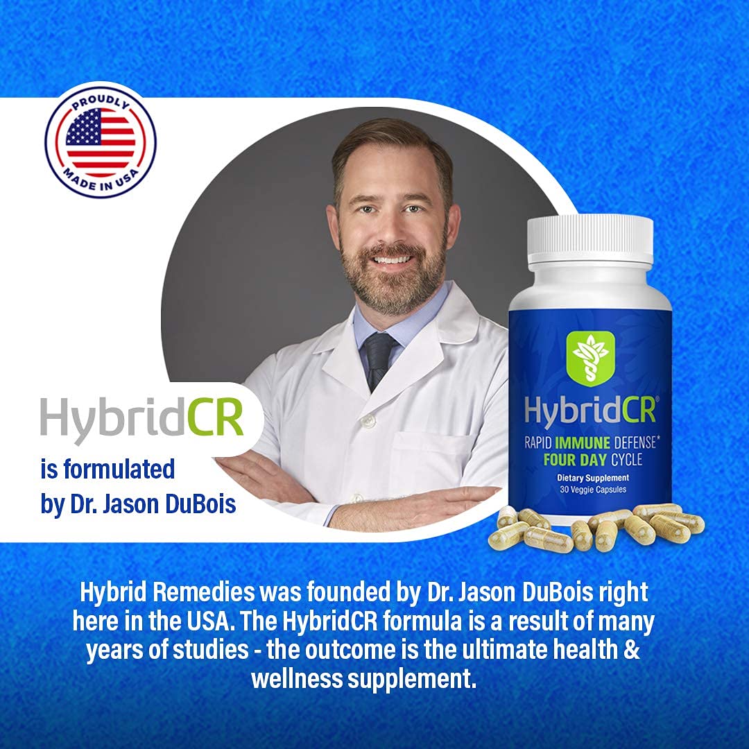 Three bottles of HybridCR Rapid Immune Defense supplement with capsules and a flower on a white background