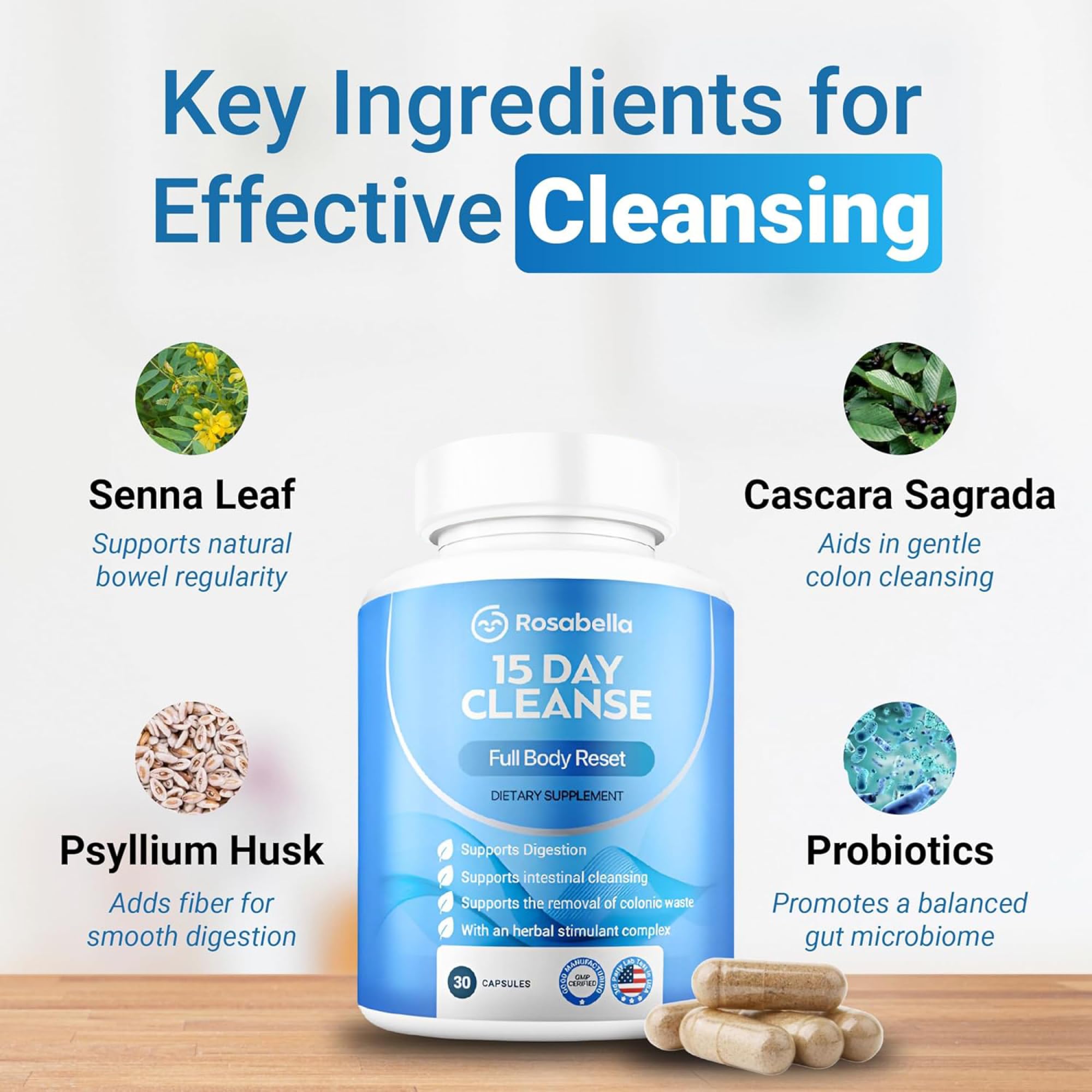 Rosabella 15 Day Cleanse – Full Body Detox & Colon Cleanse for Men & Women – Gut Cleanse Detox Pills for Digestive Health & Bloating Relief – Doctor-Formulated, Non-GMO, 30 Vegan Capsules