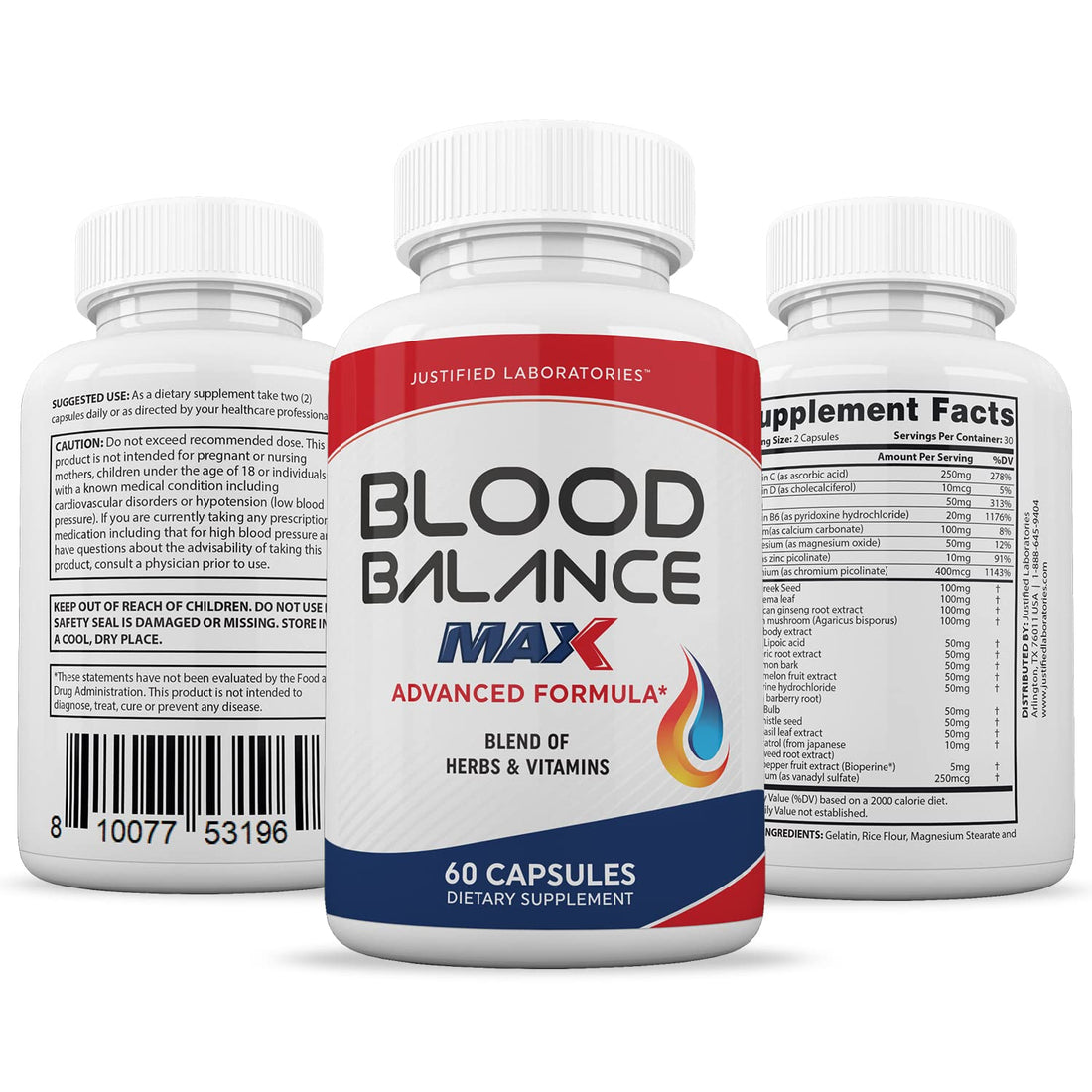 Three bottles of 'Blood Balance Max' dietary supplements with white capsules on a white background.