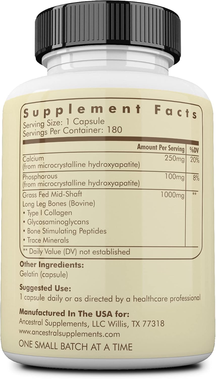Ancestral Supplements Grass Fed Beef Living Bone Supplement, 180 Ct | Grassfed bone meal capsule supporting calcium and phosphorus absorption, bone, oral and joint health & flexibility.