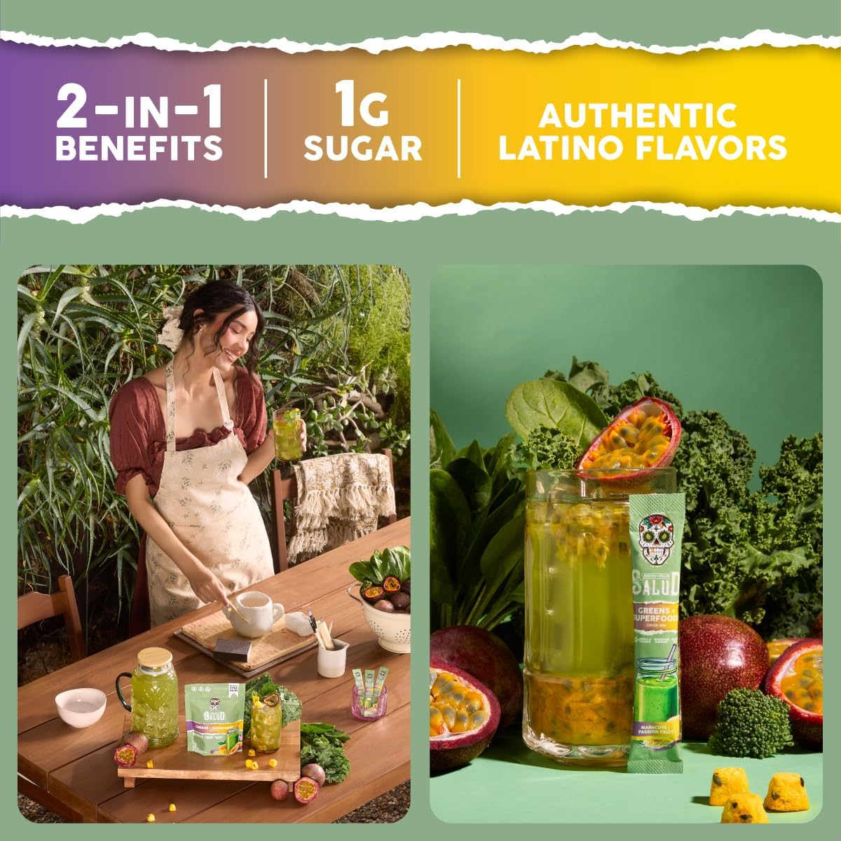Salud 2-in-1 Greens Powder + Superfood Drink Mix, Passion Fruit | 20+ Fruits and Veggies, Probiotics, Prebiotics, Supports Digestive Health, Bloating Relief, Vegan (15 Servings)