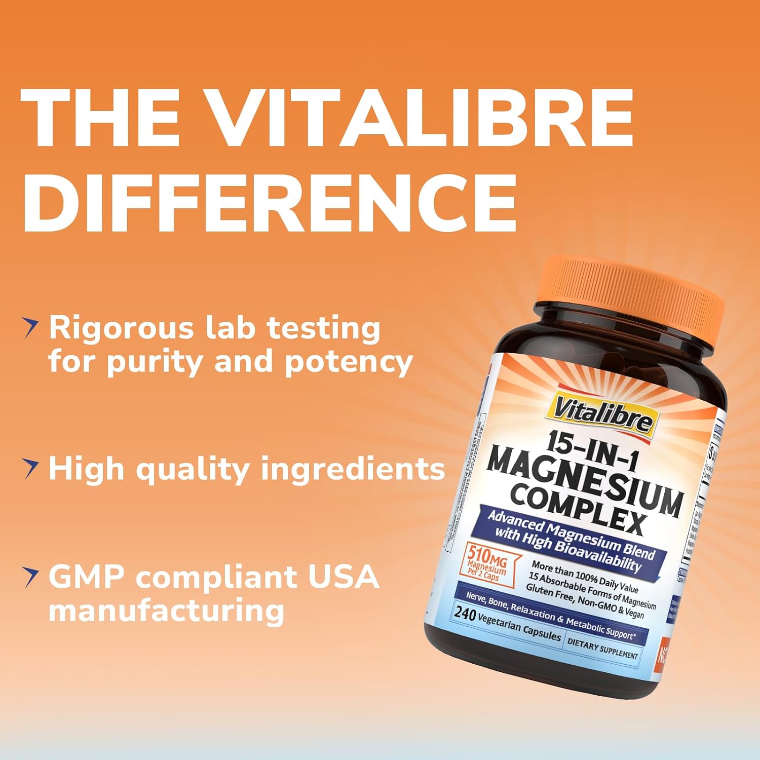 Vitalibre 15 in 1 Magnesium Complex for Women & Men 510mg, 240 Capsules | Maximum Absorption Glycinate, Malate, Taurate, Citrate and More for Bones, Heart, Recovery, Energy | Non-GMO