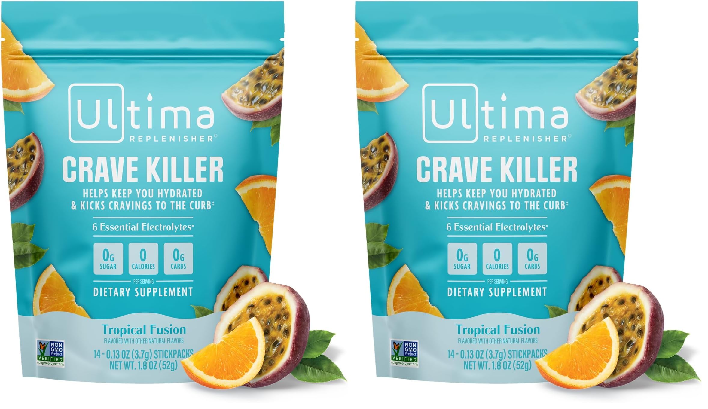 Ultima Replenisher Crave Killer Supplement, Tropical Fusion, 14 Stickpacks | Daily Zero Sugar Electrolyte Powder Hydration Packets with 6 Key Electrolytes & Chromax to Help Curb Cravings - Keto Friendly