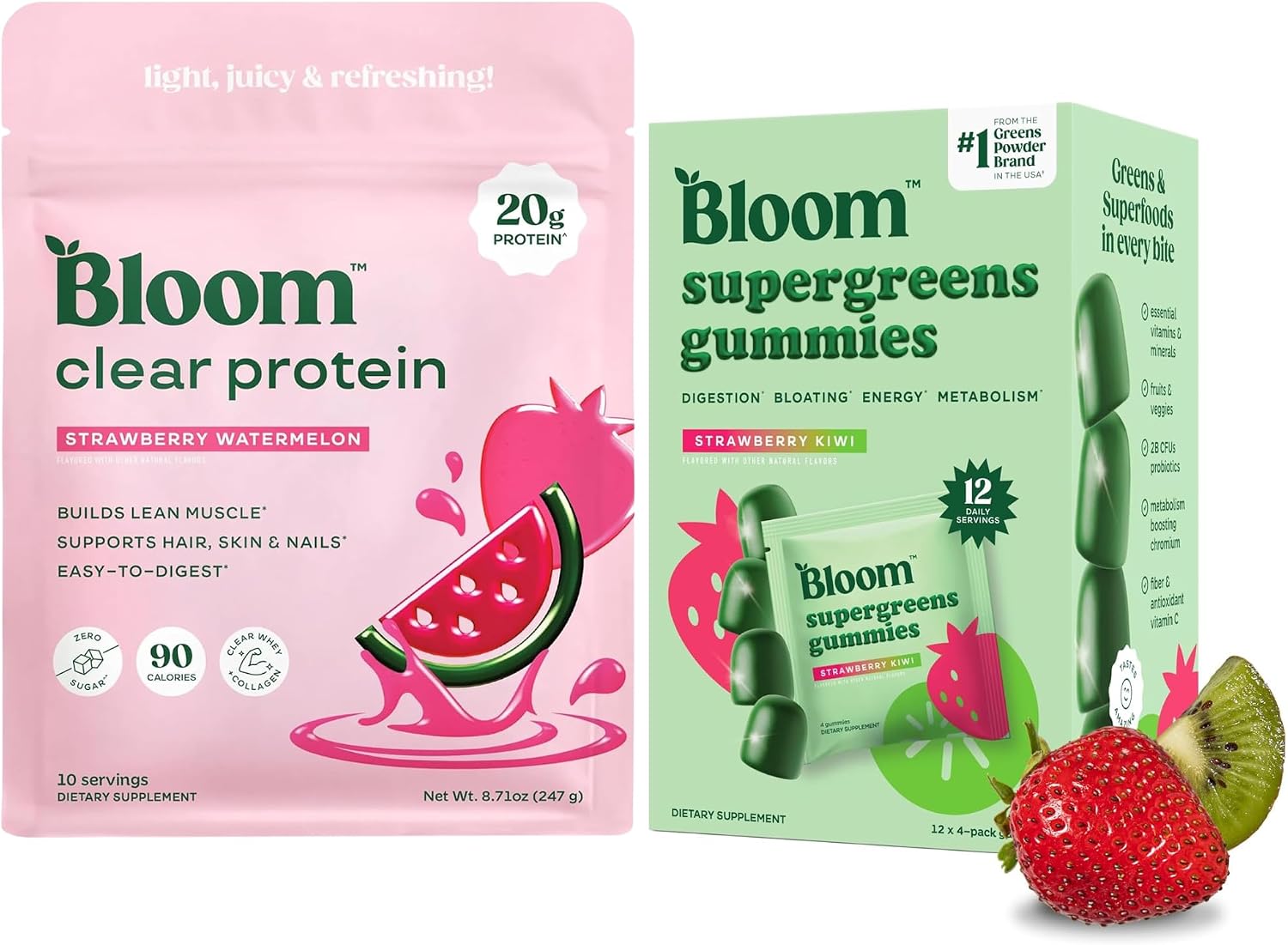 Bloom Strawberry Watermelon Clear Protein and Greens Gummies Bundle