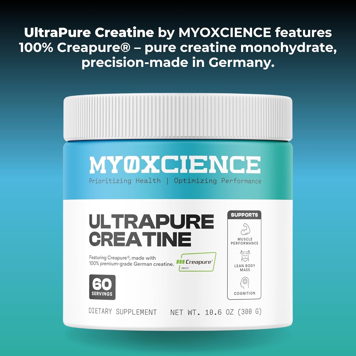 MYOXCIENCE Creapure® Creatine Monohydrate | Supports Strength & Muscle Mass, Cognition and Lean Body Mass | Unflavored (60 Serving Jar)