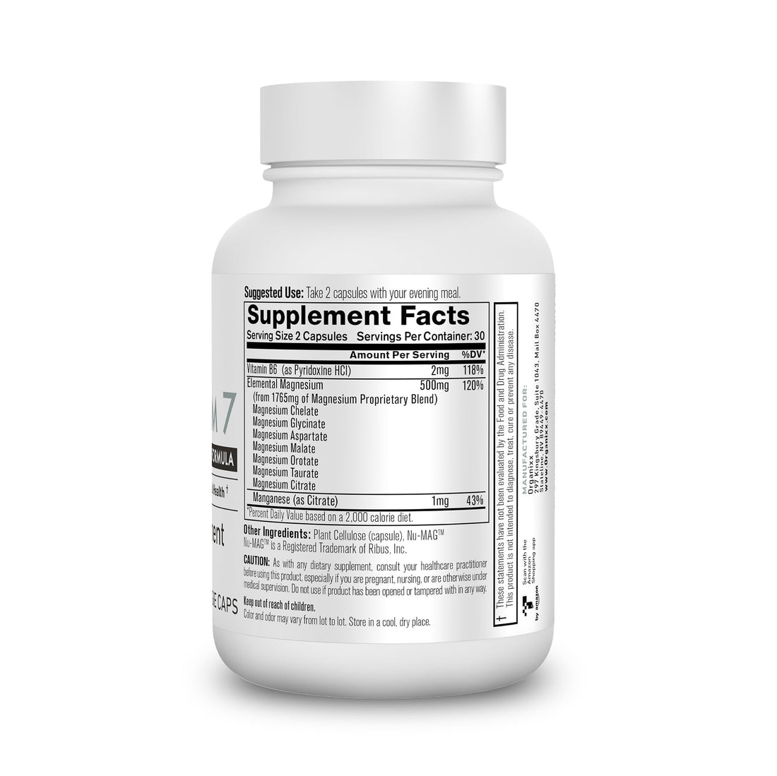 Supplement bottle labeled 'Magnesium 7' by Organixx on a white background
