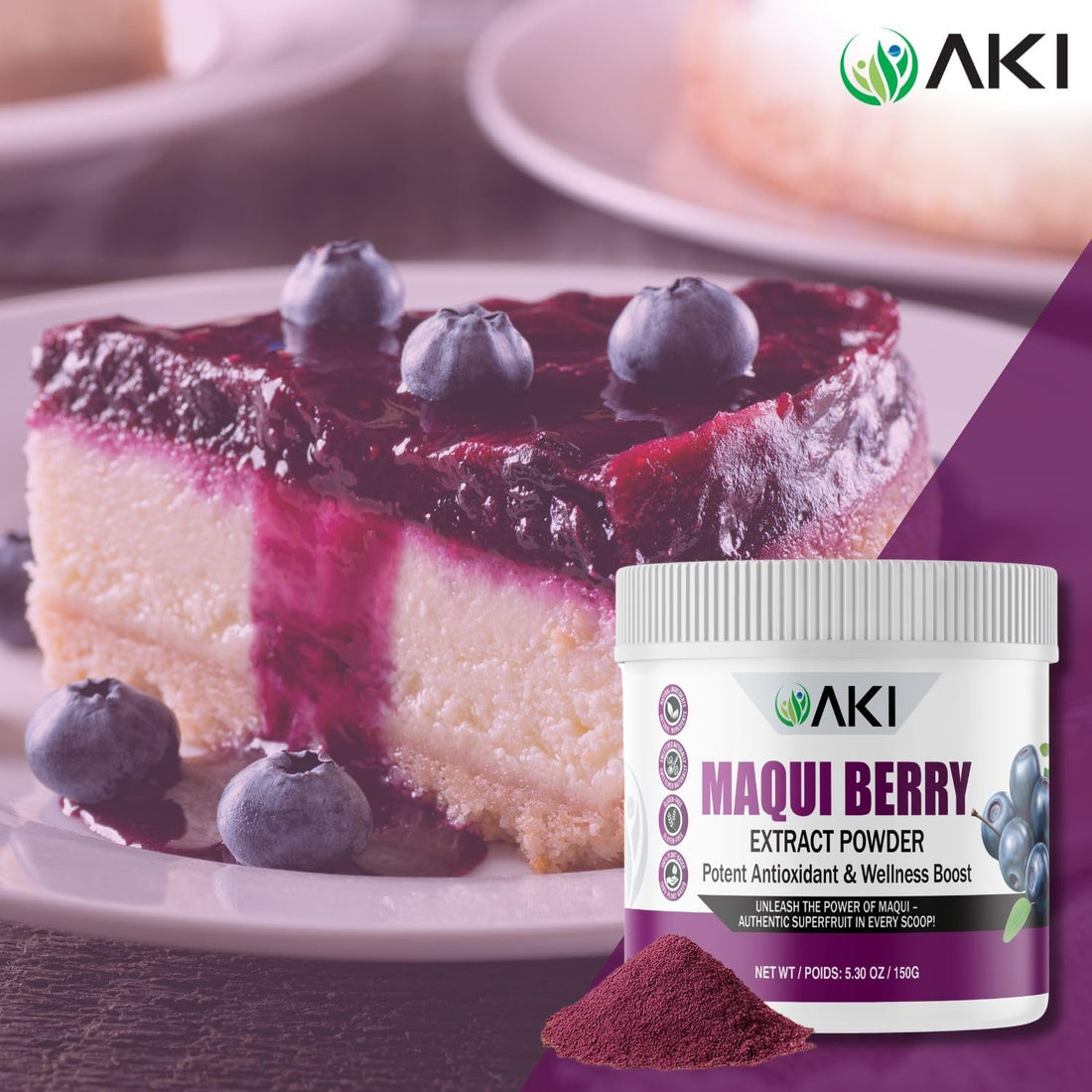 MAKI Maqui Berry Extract Powder container with powder spilling out on a white background