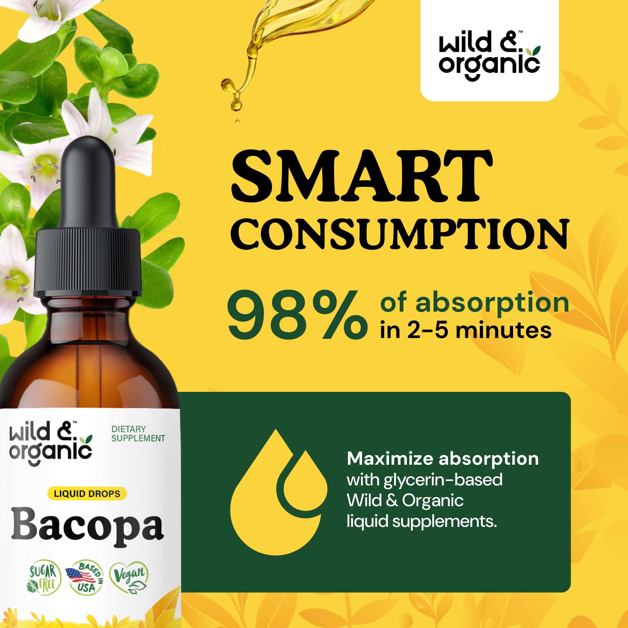 Wild & Organic Bacopa Monnieri Supplement - Brain & Focus Support - Bacopa Extract Liquid Drops - Brahmi Herb Tincture to Add to Tea - 5-Month Supply - Vegan, Sugar & Alcohol-Free - 4 fl oz
