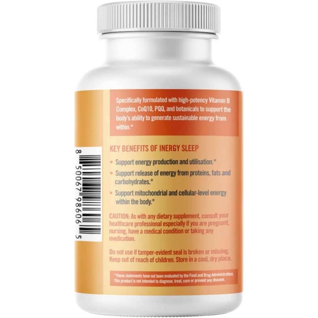 Supplement bottle labeled 'Energy Plus' with capsules and a plant on a white background
