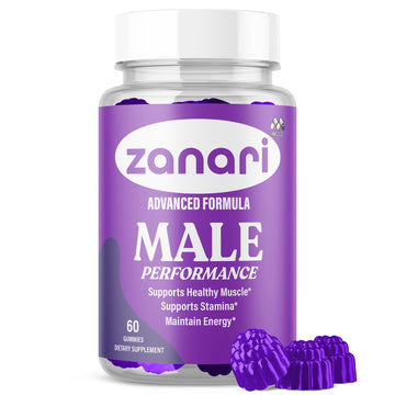 Bottle of Zanari Male Performance supplement with purple packaging on a white background