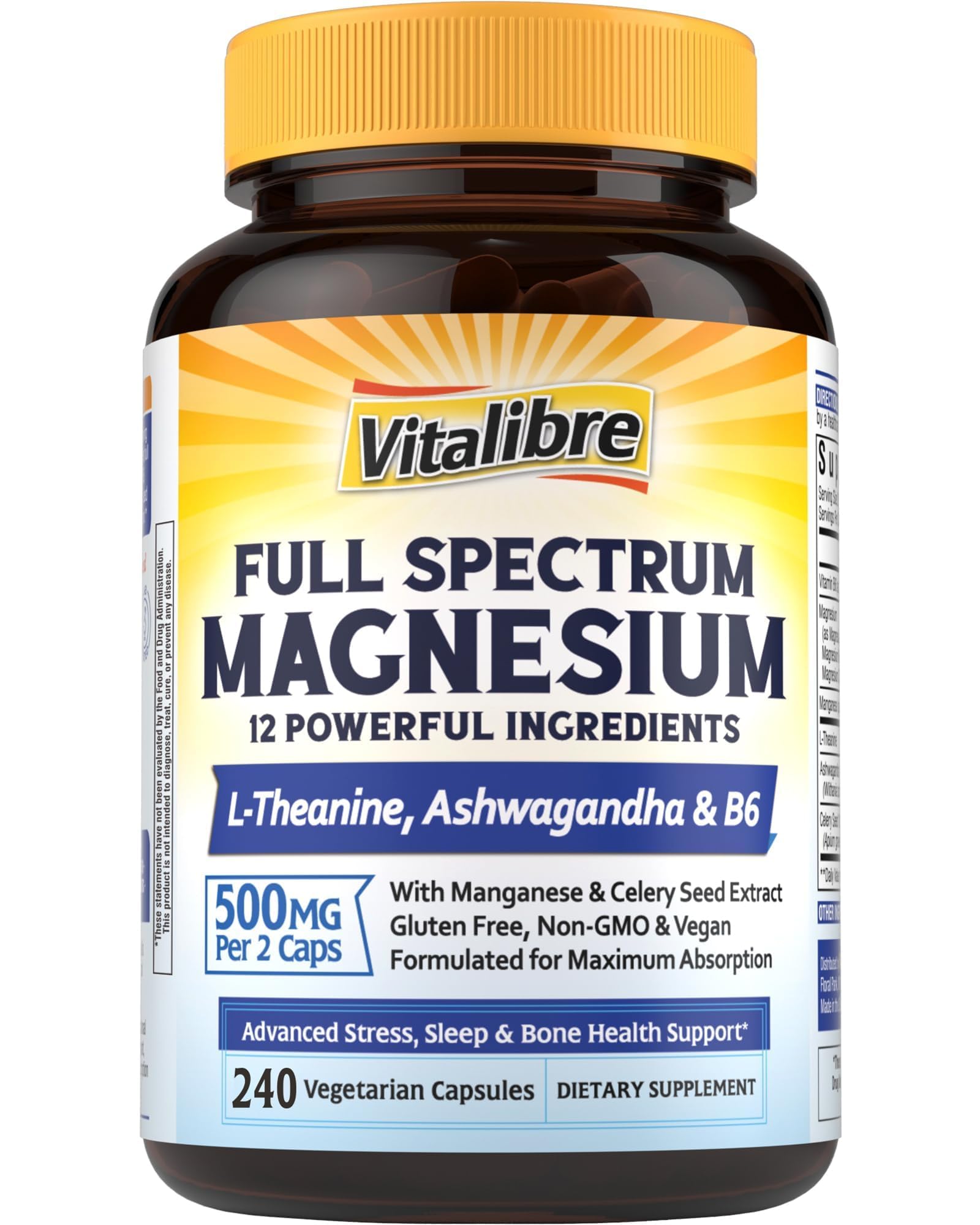 Vitalibre Magnesium Complex 500mg for Women Men, 120 Vegan Capsules | with Ashwagandha, L-Theanine, Vitamin B6 & Celery, High Absorption Magnesium Glycinate, Citrate, Malate, Sleep & Bone Support