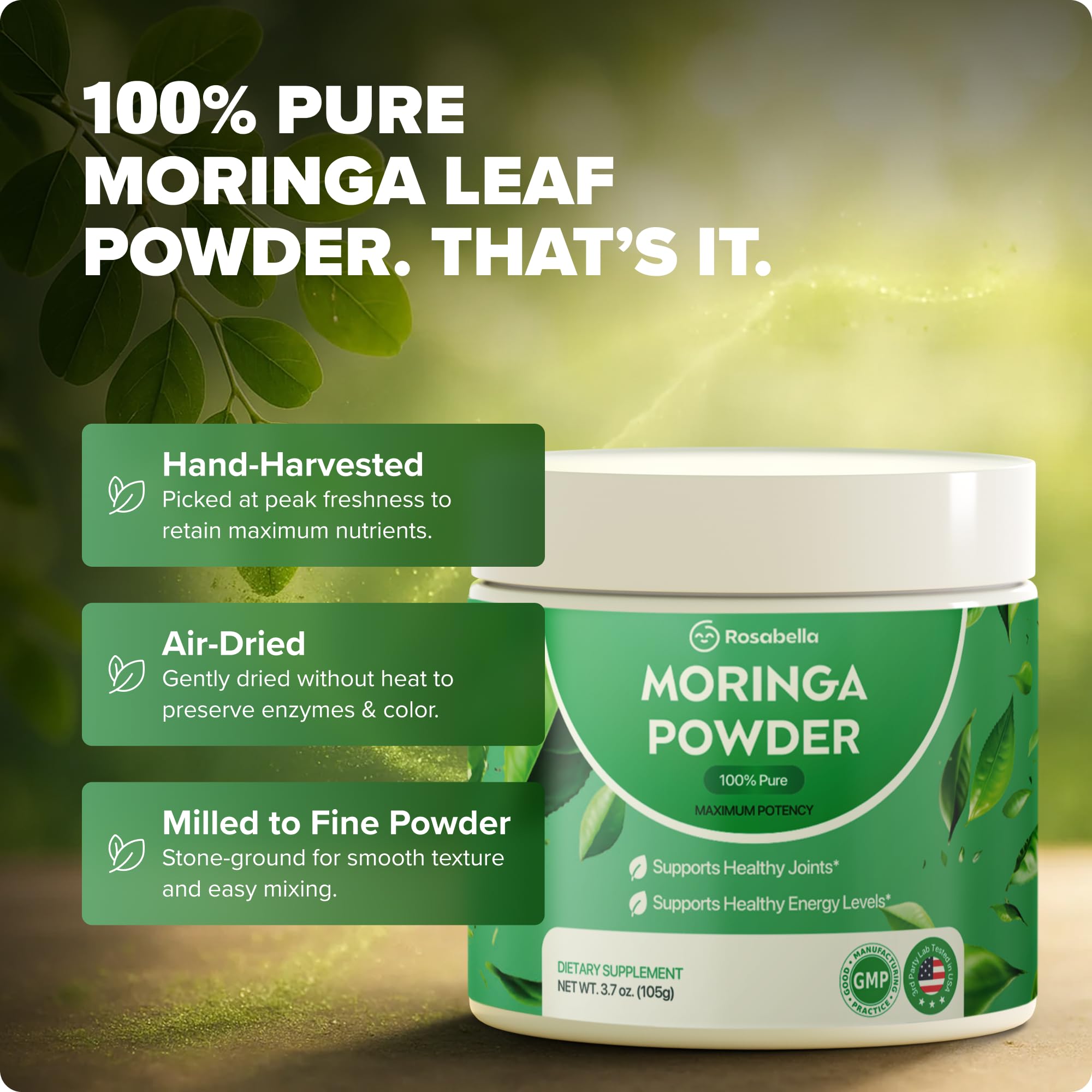 Rosabella Pure Moringa Powder - Energy, Skin, Immune & Gut Health Superfood, Rich in Antioxidants, Essential Vitamins & Amino Acids, Natural Green Superfood Supplement (3.7oz (Pack of 1))