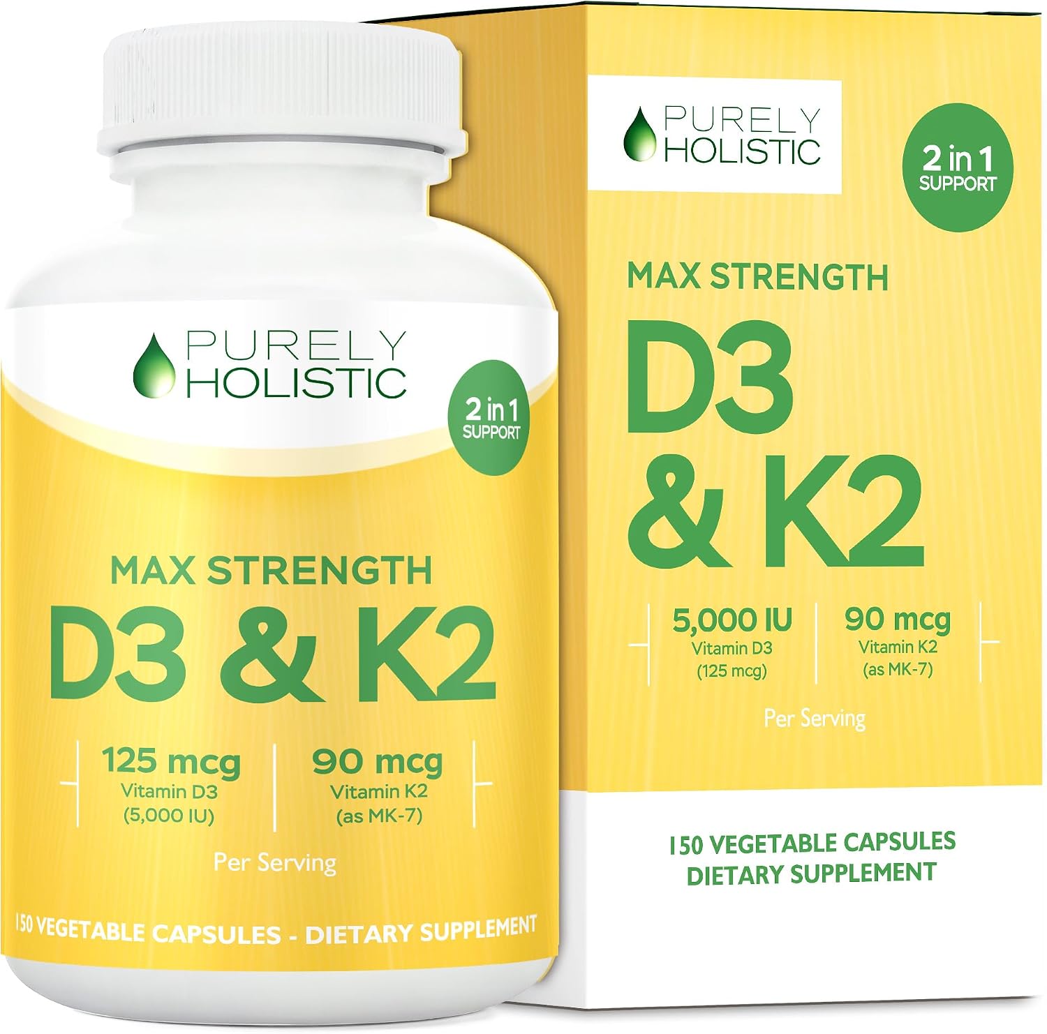 Vitamin D3 K2, 150 Servings, 5000iu D3 + 90mcg K2, Bone & Immune Support | Energy & Heart Health Support, High Absorption & Non-GMO, Once-Daily Vitamin Supplement, 150 D3K2 Capsules (5 Month Supply)