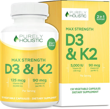 Vitamin D3 K2, 150 Servings, 5000iu D3 + 90mcg K2, Bone & Immune Support | Energy & Heart Health Support, High Absorption & Non-GMO, Once-Daily Vitamin Supplement, 150 D3K2 Capsules (5 Month Supply)