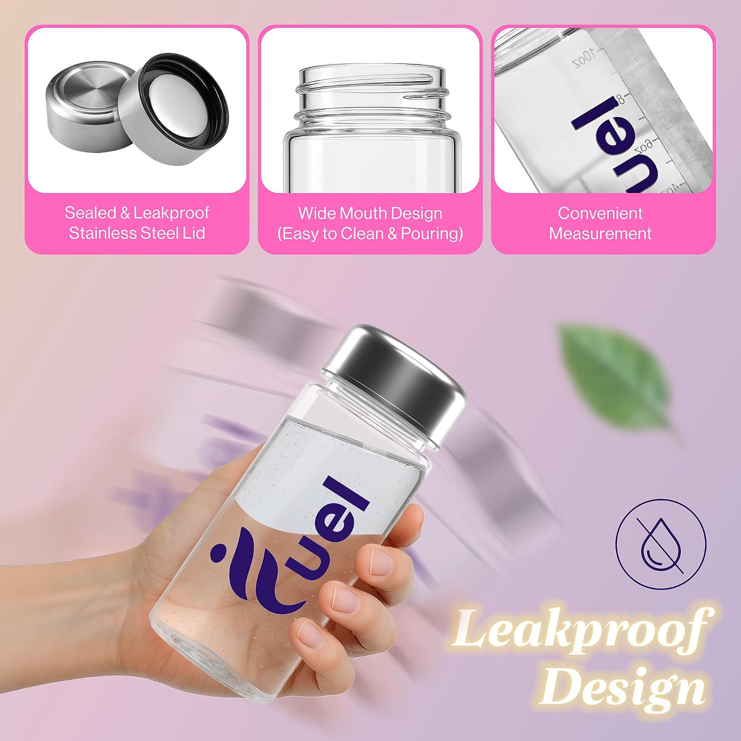 Fuel Protein Shaker Bottle with Metal Lid, Sports Water Bottle, Leak Proof Plastic Water Bottles BPA Free, Reusable, Dishwasher Safe, Perfect for Travel, School, Outdoors, Gym and Fitness Sports