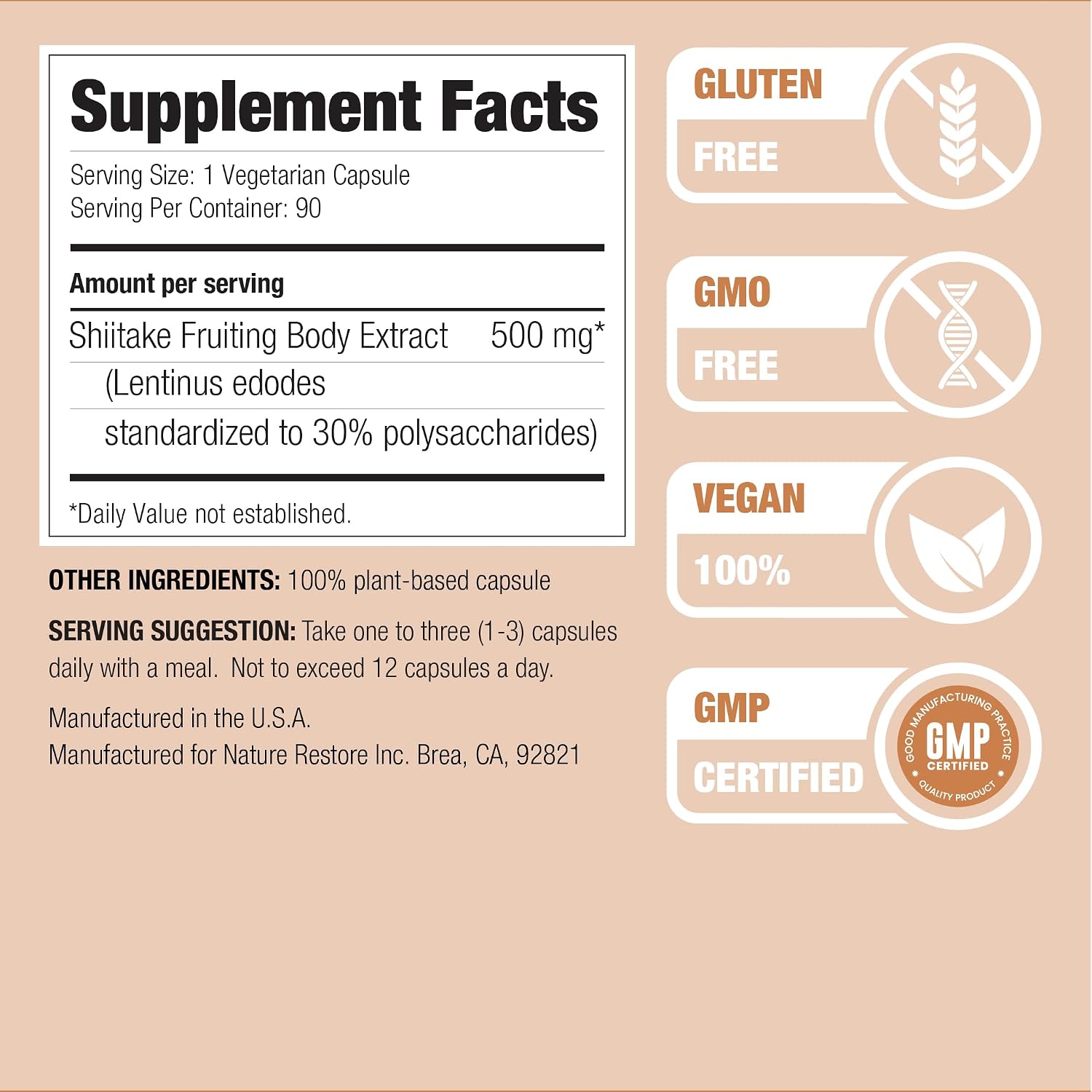 Nature Restore Shiitake Mushroom Extract Supplement, 90 Capsules, High 30% Polysaccharide Concentration, Non-GMO, Gluten Free