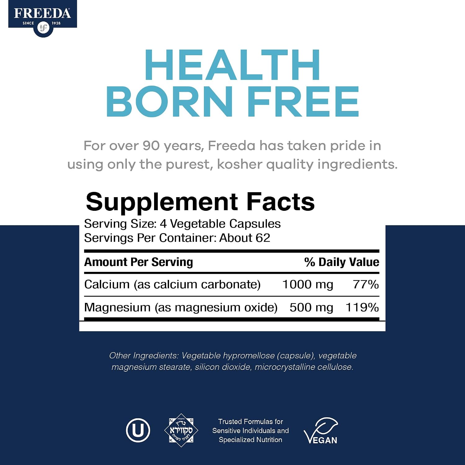 Freeda Calcium Magnesium 2:1 Supplement - 250 Capsules | Vegan Calcium & Magnesium Formula - Third-Party Tested - Support Bone Strength, Muscle Relaxation, and Healthy Nerve Function