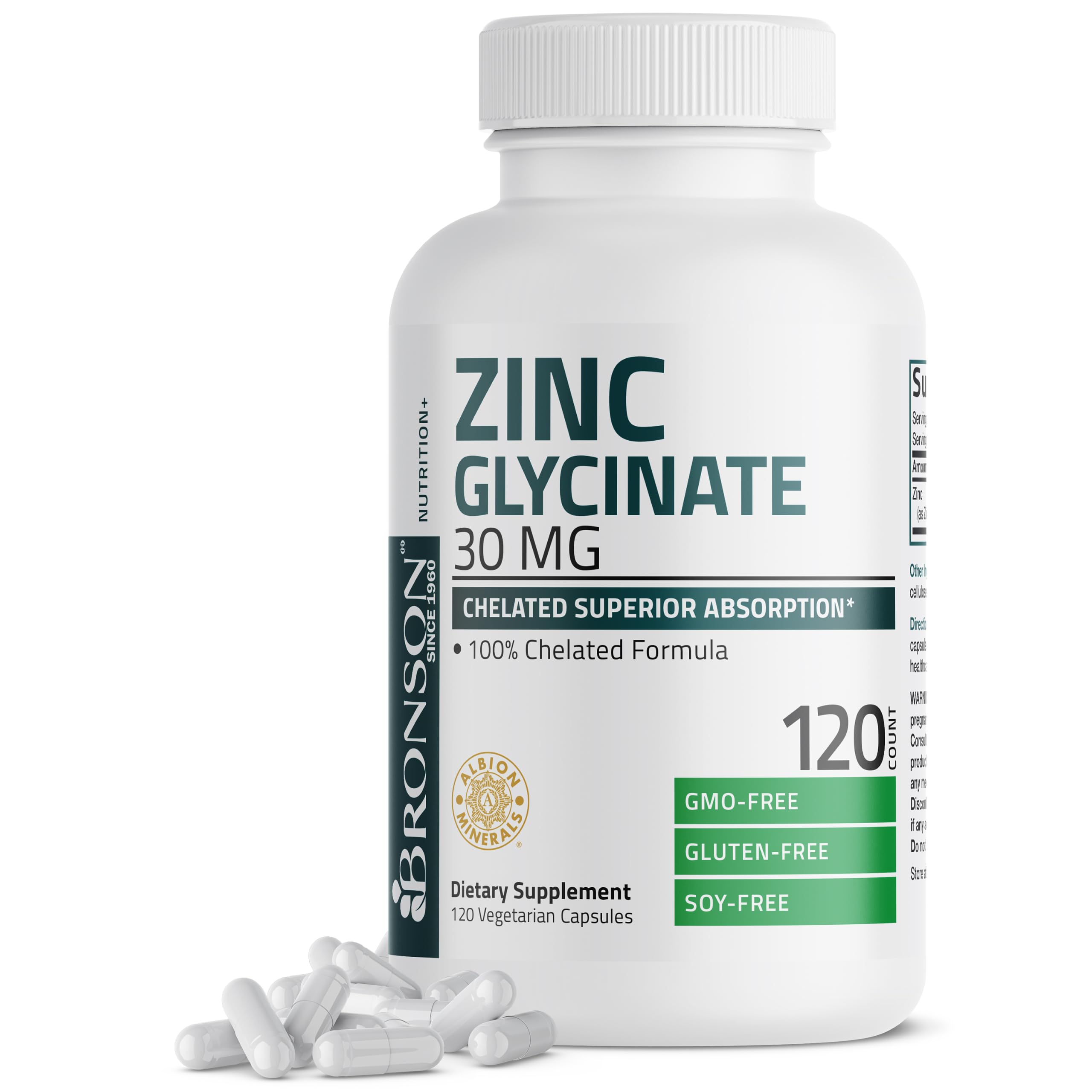 Bronson Zinc Glycinate 30mg Chelated Superior Absorption 100% Chelated Formula Non-GMO, 120 Vegetarian Capsules