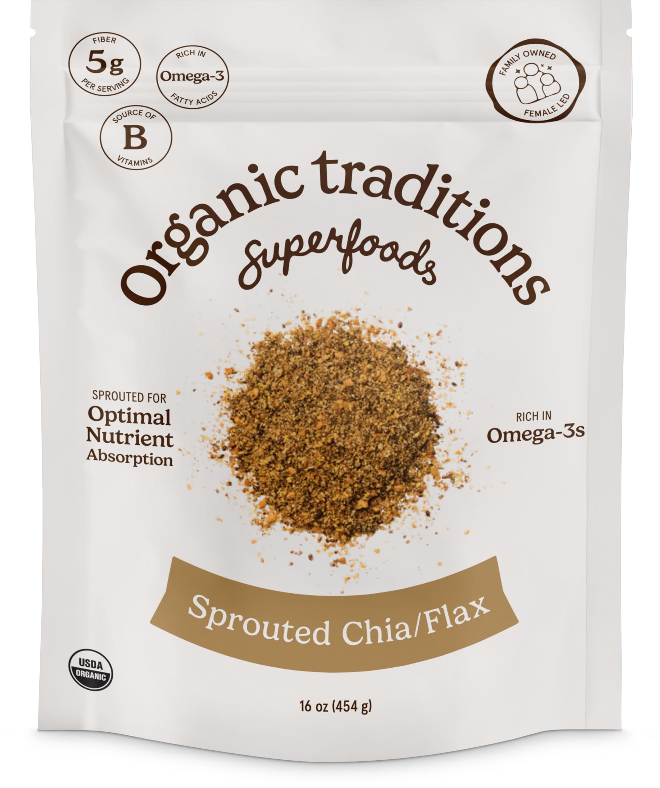 Organic Traditions Sprouted Chia and Flax Seed Powder, Organic Chia Seeds and Flax Blend for Smoothies Baking Oatmeal Egg Substitute, Plant Based Non GMO High Fiber Omega 3 Superfood, 454g / 16 oz Bag