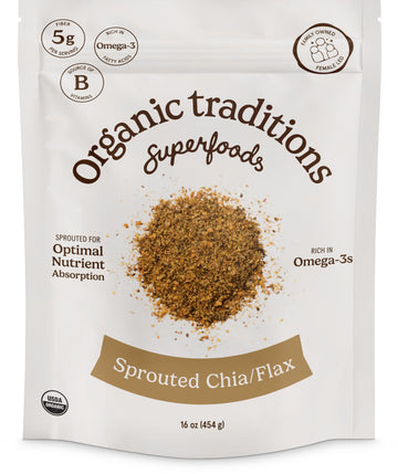 Organic Traditions Sprouted Chia and Flax Seed Powder, Organic Chia Seeds and Flax Blend for Smoothies Baking Oatmeal Egg Substitute, Plant Based Non GMO High Fiber Omega 3 Superfood, 454g / 16 oz Bag