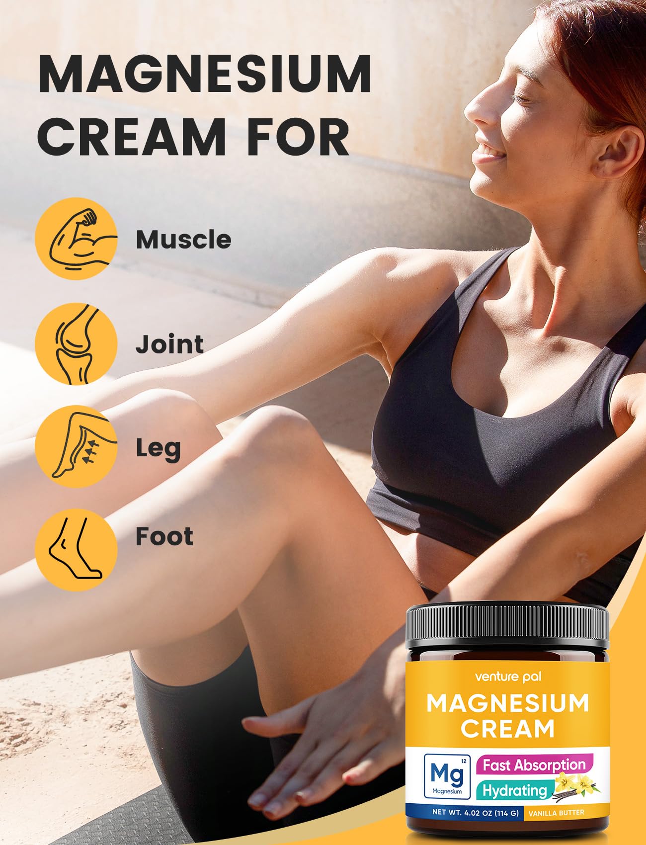 Venture Pal Topical Magnesium Cream, Highly Concentrated Magnesium Lotion | Fast-Absorbing Magnesium Moisturizing Cream with Coconut Oil, Shea Butter & Hyaluronic Acid; Suitable for Kids