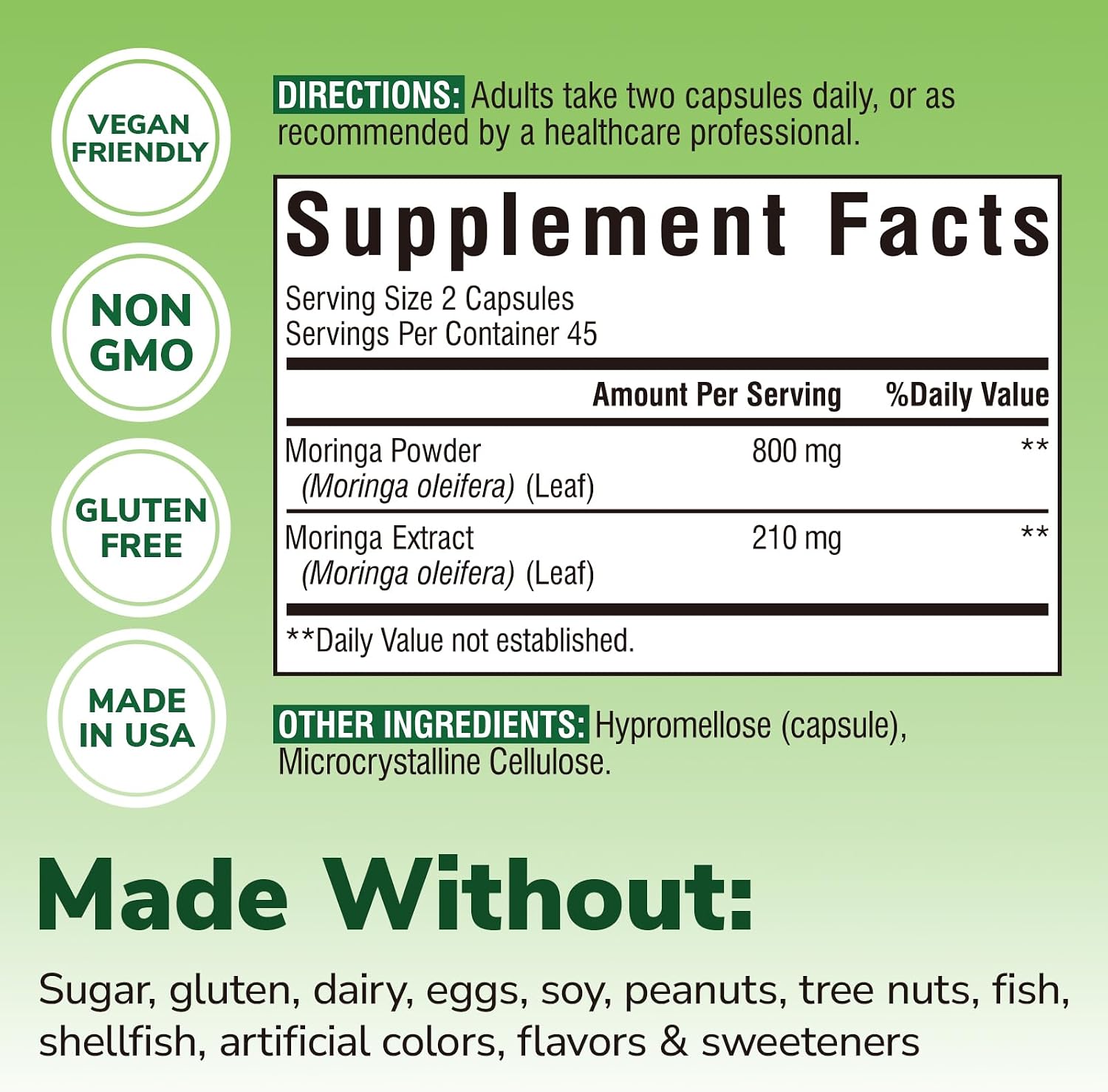 Moringa 1,010 mg, Maximum Potency, Complete Green Superfood, Rich in Antioxidants, No Gluten & Caffeine, Non-GMO, Energy, Immune, Gut & Skin Health, 90 Vegan Capsules