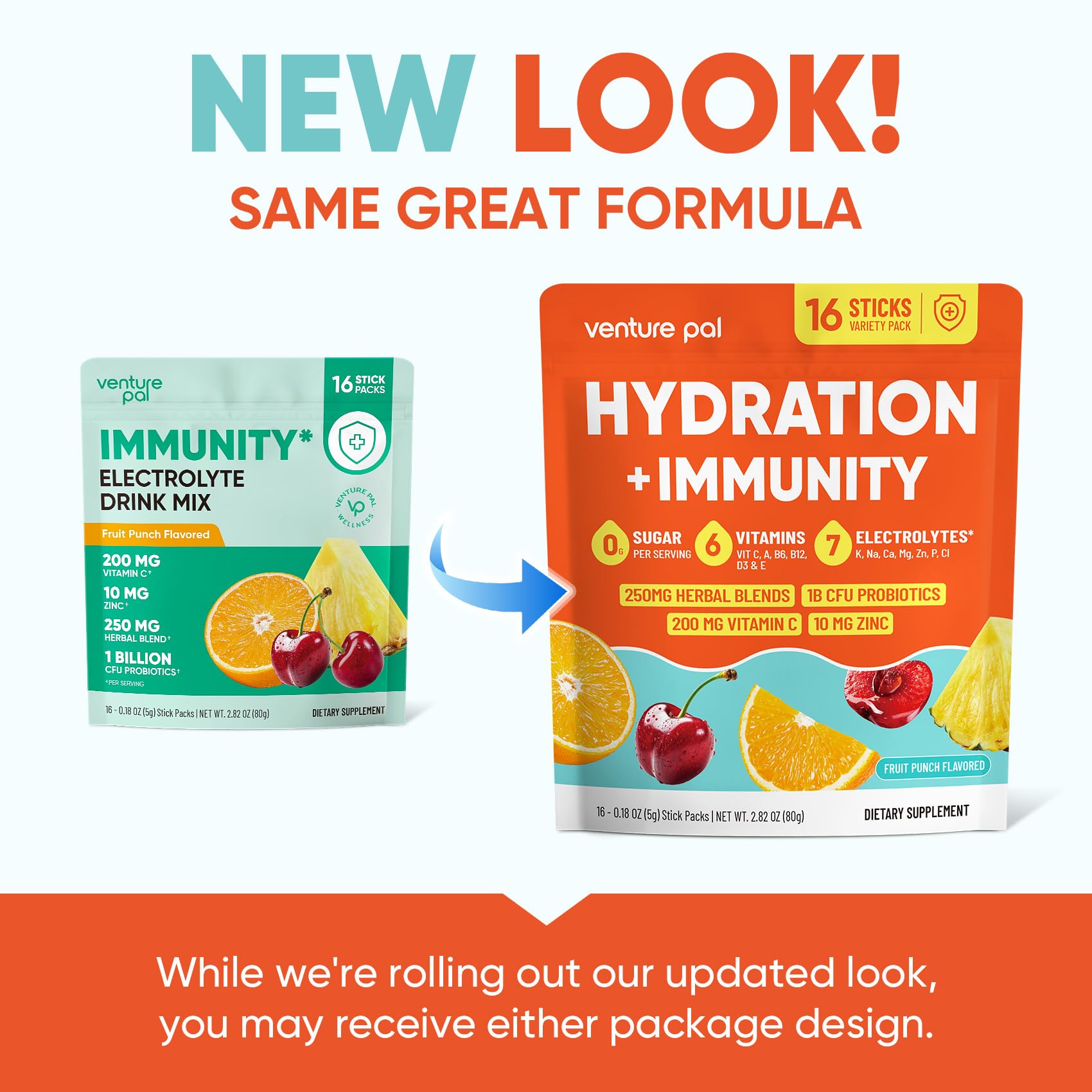 Venture Pal Sugar Free Hydration Packets+Immune-Liquid Daily IV Drink Mix | Electrolyte Powder with 7 Electrolytes & 6 Vitamins, Probiotics + Elderberry | Non-GMO, Keto Friendly, Vegan | 16 Sticks