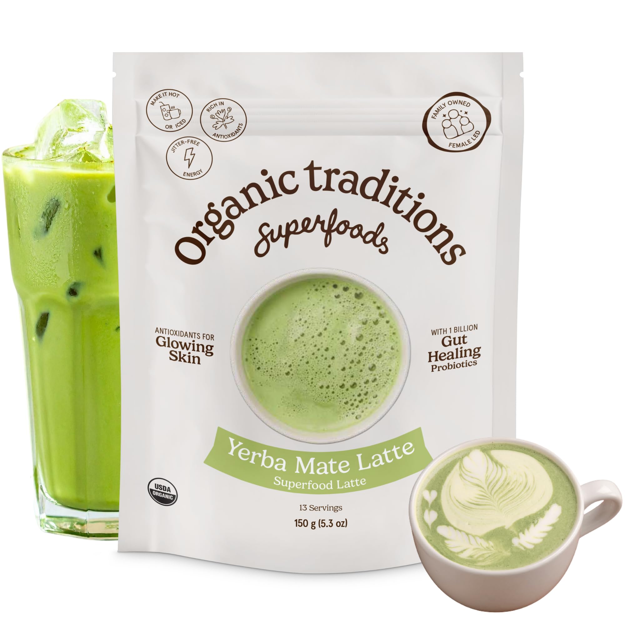 Organic Traditions Lavender Latte Calming Drink Mix, Caffeine Free Latte Blend with Lavender Powder, Tart Cherry, Probiotics, Reishi, and Ashwandha, Evening Beverage for Gentle Wind Down, 150g / 5.3oz