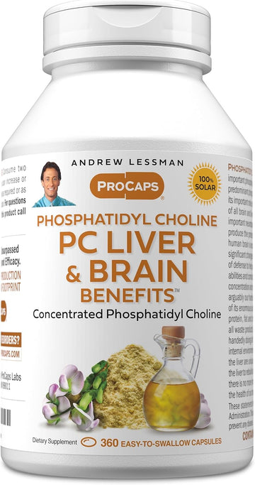 Andrew Lessman ProCaps PC Liver & Brain Benefits 360 Softgels | Phosphatidyl Choline with Ahiflower Oil supports acetylcholine production, memory, focus & healthy liver function.