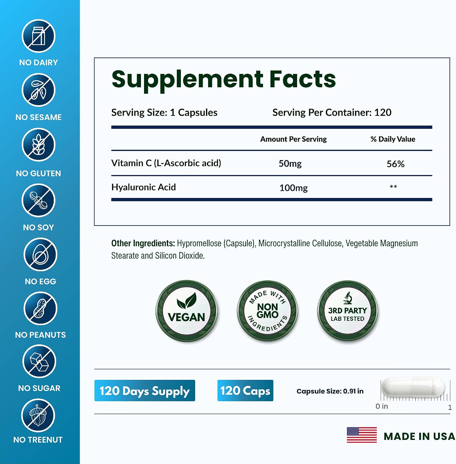ForestLeaf Hyaluronic Acid Supplements | 100mg High Bioavailable Dietary Hyaluronic Acid Powder Capsules + 50mg VIT C | Supports Skin Hydration, Joint Lubrication, Anti-Aging, Hair & Nails | 120 Caps