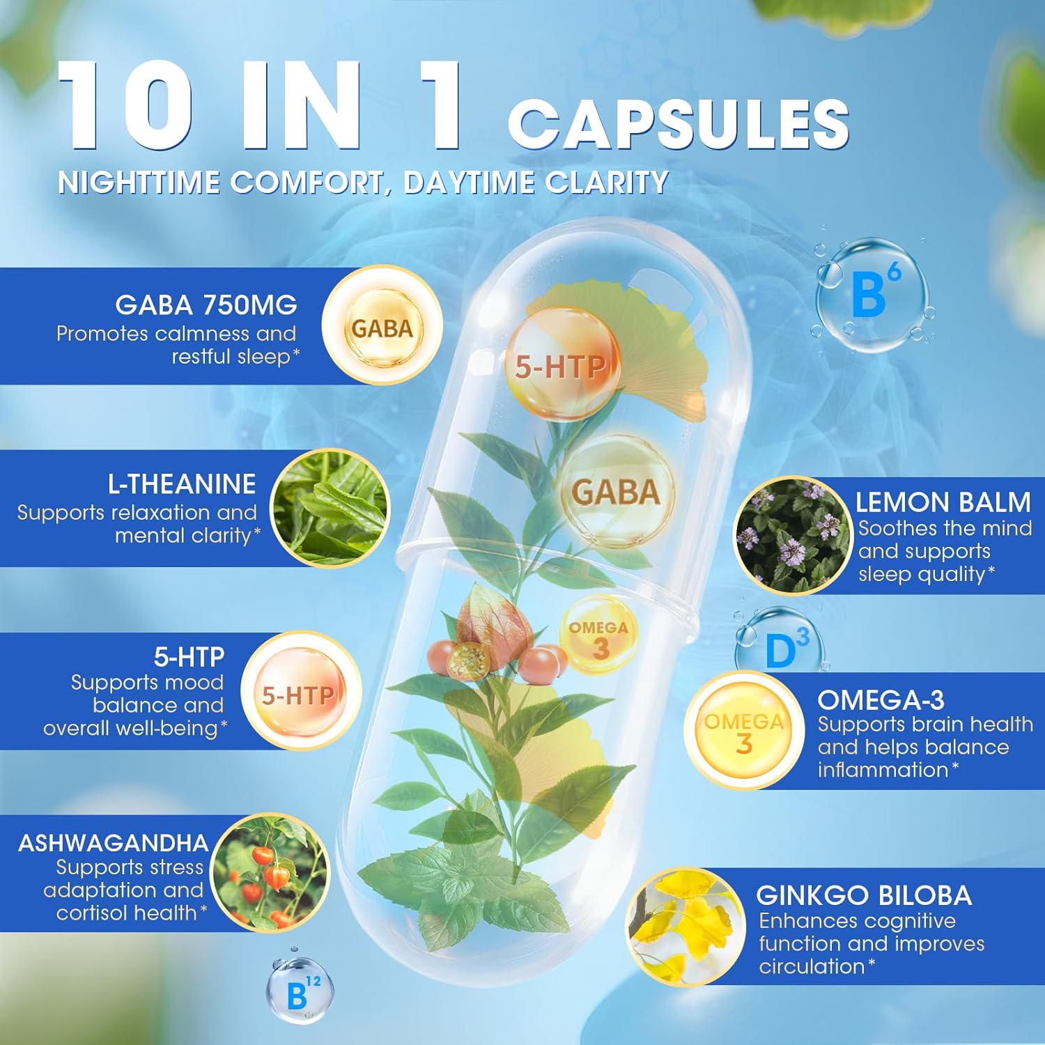 GABA Supplements 750mg with L-Theanine & Ashwagandha for Calm & Sleep 2Pack | 10 in 1 Calm Capsules with 5HTP, Lemon Balm, Ginkgo Biloba, Omega-3 for Relaxation, Focus, Mood Support, Cortisol Balance