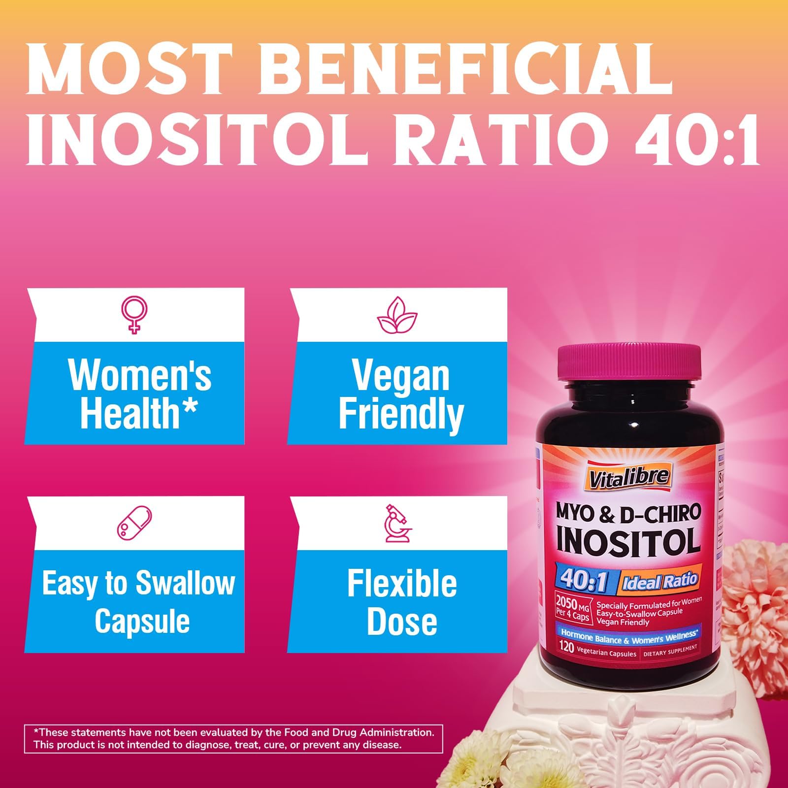 Vitalibre Inositol Supplement, Myo-Inositol & D-Chiro Inositol Supplements for Women, 40:1 Ideal Ratio, Hormone Balance and Women’s Wellness, 80 Vegan Capsules