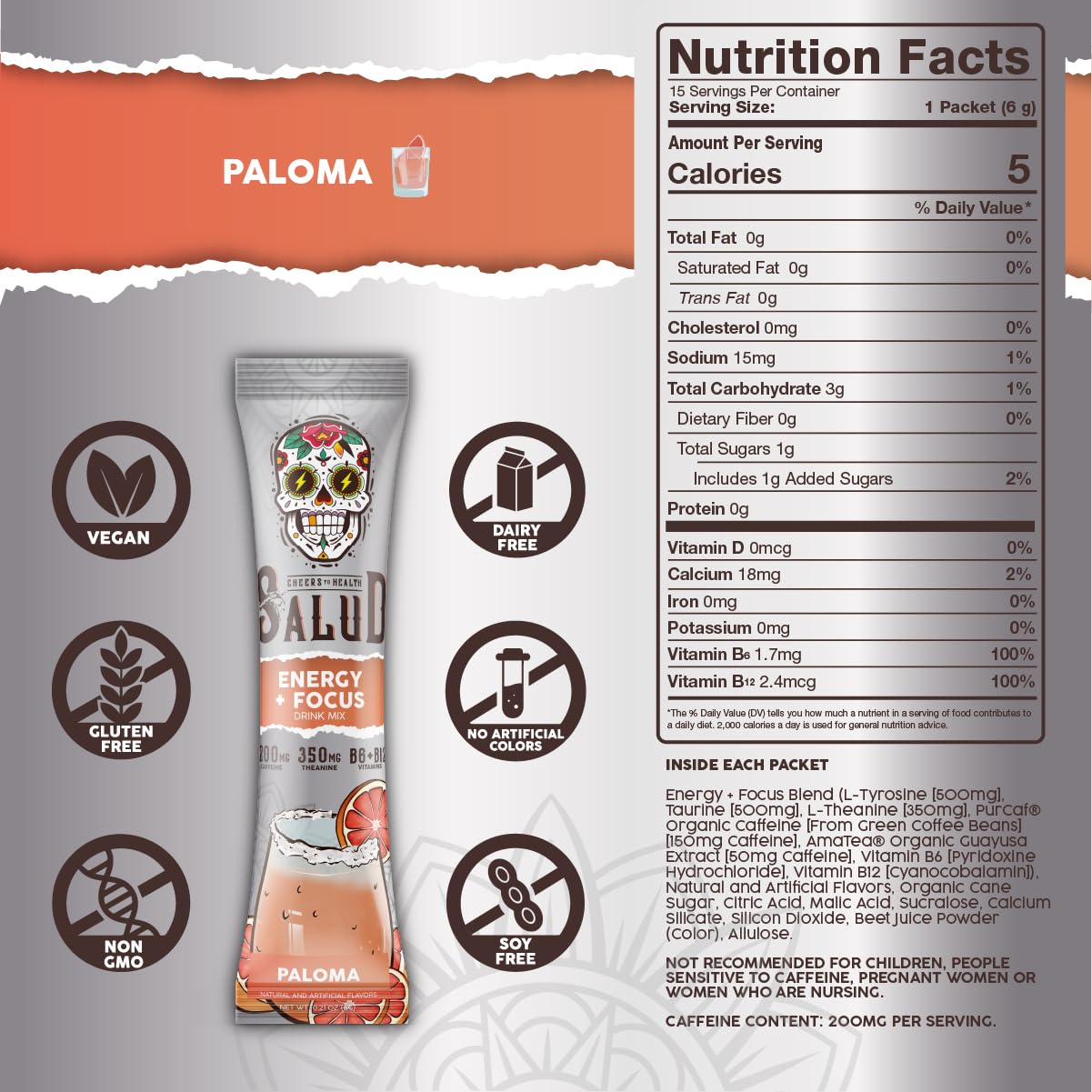 Salud 2-in-1 Energy + Focus Drink Mix, Hibiscus | Organic Caffeine, B6 + B12, Theanine, Clean Energy Packets, Agua Fresca Mix, Non-GMO, Gluten Free, 1g of Sugar (15 Servings)