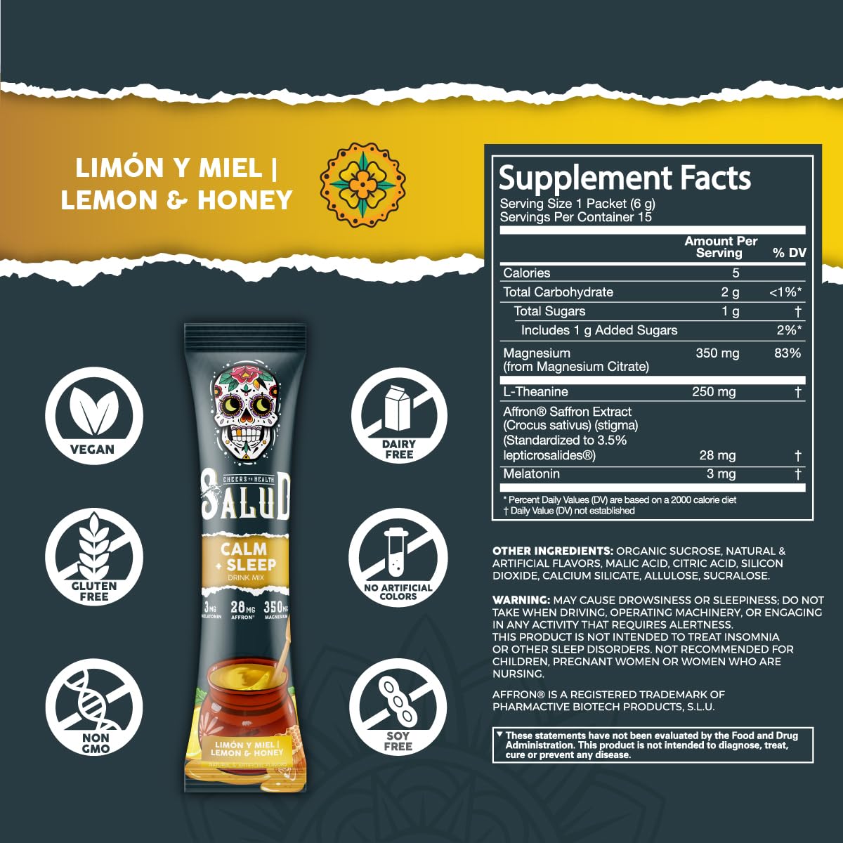 Salud 2-in-1 Sleep Aid + Calm Drink Mix, Punch | Melatonin, Magnesium, Saffron Extract, L-Theanine, Non-GMO, Gluten Free, Vegan, Low Calorie, 1g of Sugar (15 Servings)