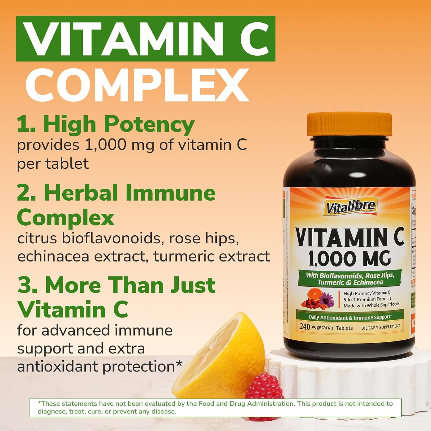 Vitalibre Vitamin C 1000mg, with Citrus Bioflavonoids, Rose Hips, Echinacea & Turmeric, Immune Support, Antioxidant Protection, Collagen Production, 240 Vegan Tabs