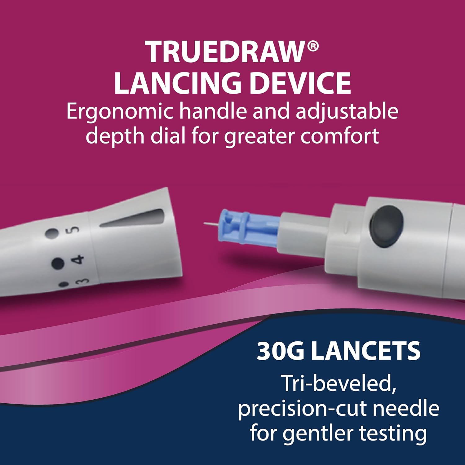 TRUEplus Lancets Bundle (30G), 200 Lancets, Lancing Device, Log Book | Blood Glucose Testing Supplies for Home Use, Includes 200 Sterile 30G Lancets (2 x 100ct), Lancing Device, Log Book