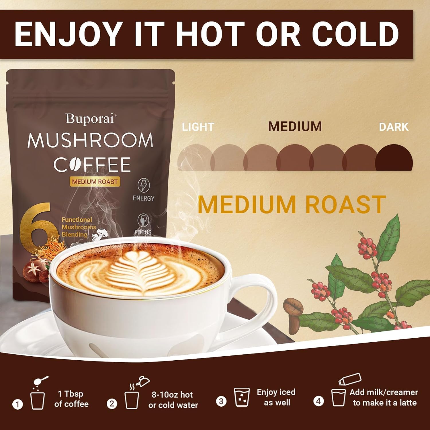 Mushroom Coffee, Instant Mushroom Coffee Organic with 6 Mushrooms Lion’s Mane, Cordyceps, Turkey Tail & Other for Energy, Focus, Digestion, Immunity, 35 Servings