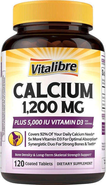 Vitalibre Calcium Supplements for Women, 120 Coated Tablets | Calcium 1200 mg with Vitamin D3 5000IU, Bone Strength Density, Enhanced Absorption Stomach - Friendly Gentle